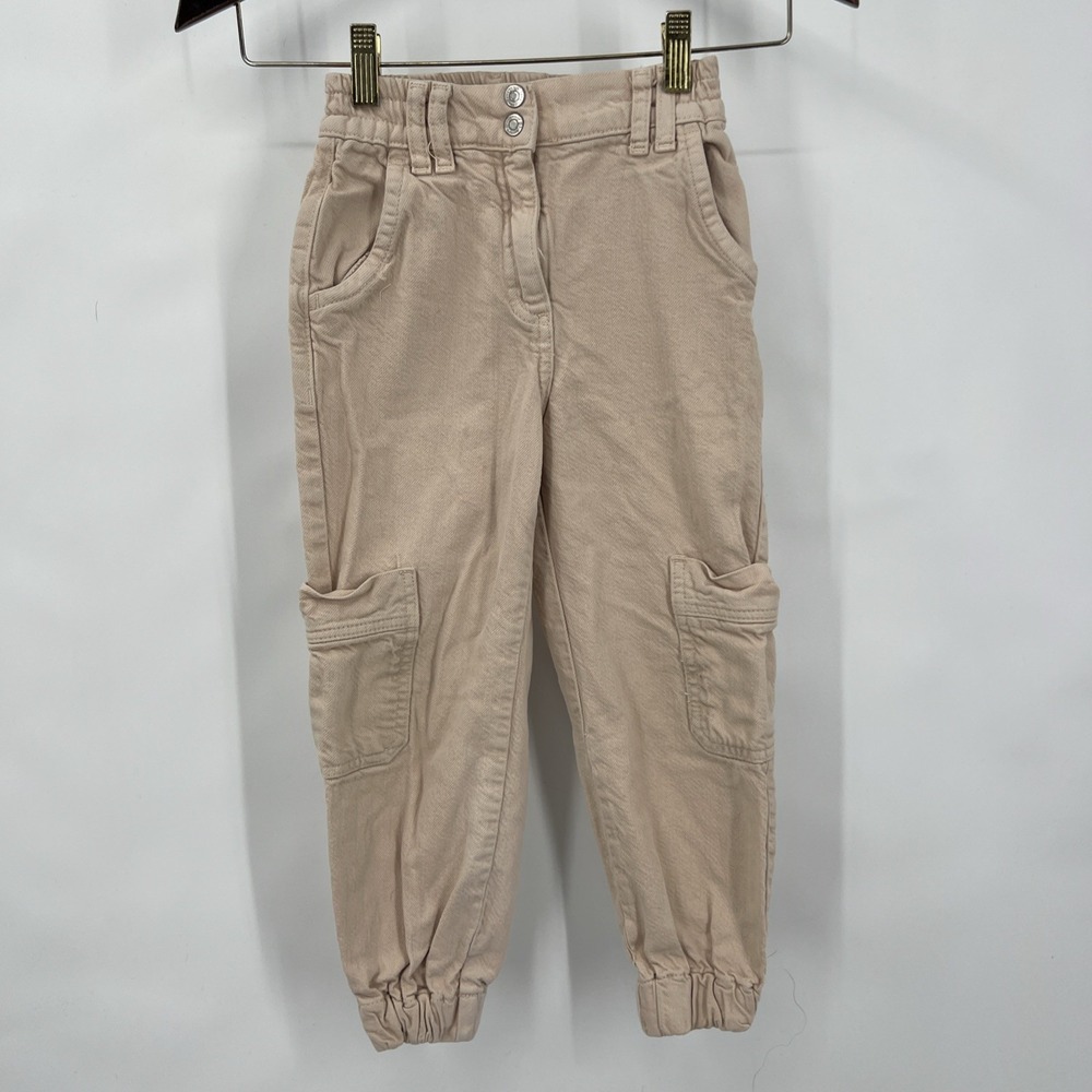 Zara Girls Size 5/6 Cream Cargo Jeans Pants with Elastic Waist and Cuffs